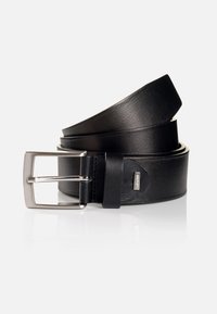 Black leather belt with a smooth texture, a shiny silver rectangular buckle, and a loop for adjustment. Features a minimalist design.