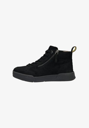 Black suede high-top shoe with laces, zipper detail, and a textured rubber sole. Includes a small yellow pull tab at the back.