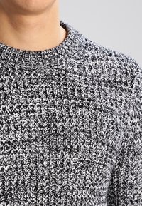 Maglione lavorato a maglia con scollatura rotonda, motivo testurizzato in bianco e nero e polsini a coste. Materiale morbido con un aspetto accogliente.