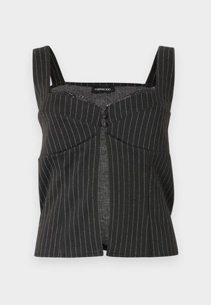 Haut court noir sans manches à fines rayures avec larges bretelles, devant à boutons, et coutures ajustées, étiqueté "Even & Odd".