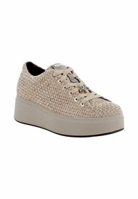 Sneaker beige tessuto con superficie texturizzata, design con lacci e suola leggera, con elementi decorativi sui lacci.