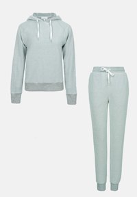 Lichtgroene hoodie met een gestructureerde afwerking en grijze accenten, gecombineerd met bijpassende tapered sweatpants met een elastische tailleband en trekkoord.