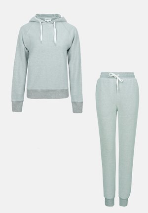 Light green hoodie with a textured finish and grey accents, paired with matching tapered sweatpants featuring an elastic waistband and drawstring.