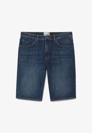 Donkerblauwe denim shorts met een rechte snit, vijf zakken, oranje stiksels en een logotag op de tailleband. Soepele textuur.