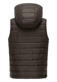 Gilet imbottito marrone con cappuccio, dotato di pannelli a righe orizzontali e una superficie liscia e lucida. Taglio semplice, senza hardware visibili.