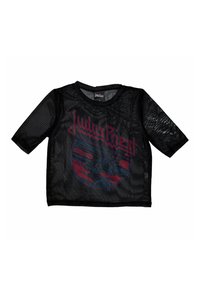 Black mesh T-shirt with short sleeves, featuring a red graphic design of "Judas Priest" and an illustration within a circular motif.