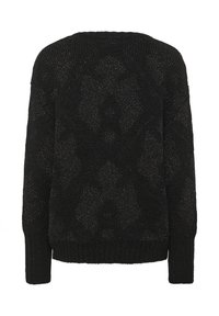 Sort strikket sweater med et subtilt geometrisk mønster, lange ærmer og ribbede manchetter og nederdel, vist fra ryggen.