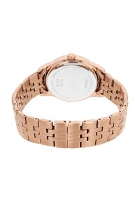 Uhr aus roségoldfarbenem Edelstahl mit einem strukturierten Gliederarmband, rundem Gehäuse und hervorgehobenem Kranz. Wasserfest mit eingegravierten Details auf der Rückseite.