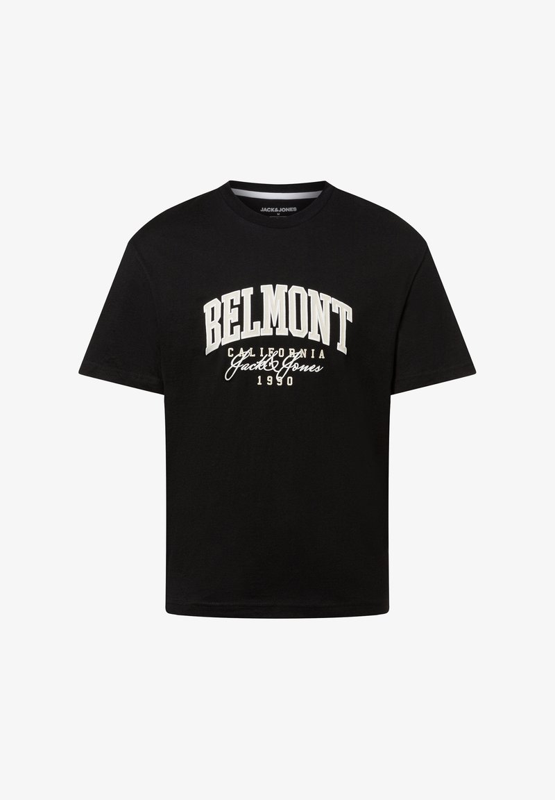 T-shirt nera in cotone con la stampa "BELMONT CALIFORNIA JACK & JONES 1990" in testo bianco a contrasto. Collo rotondo, maniche corte, vestibilità standard.