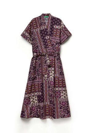 Purple floral and geometric patterned midi wrap dress with short sleeves and fabric belt tied at the waist.
