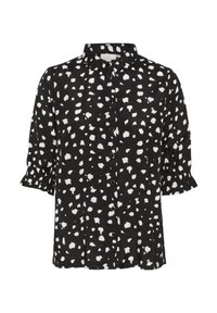 Schwarze Kurzarm-Bluse mit weißen Pinselstrichmotiven, ausgestattet mit kurzen Puffärmeln und einem strukturierten Kragen. Glattes Material mit lockerer Passform.