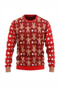 Red sweater featuring a pattern of gingerbread men, snowflakes, and stars. Ribbed collar and cuffs, knit fabric with a textured finish.