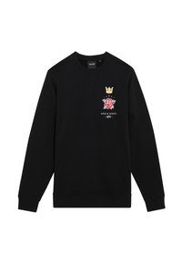 Schwarzer Sweatshirt mit Rundhalsausschnitt, das ein farbiges Grafikdesign mit einer Krone und einer Rose auf der Brust zeigt. Hergestellt aus weichem Stoff mit gerippten Bündchen.