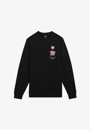 Zwarte sweatshirt met een ronde hals, voorzien van een gekleurde kroon en rozenafbeelding op de borst. Gemaakt van zacht materiaal met geribbelde manchetten.