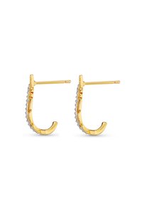 Boucles d'oreilles en or en forme de courbe, ornées de petites pierres transparentes le long d'un bord. Texture lisse et finition polie.