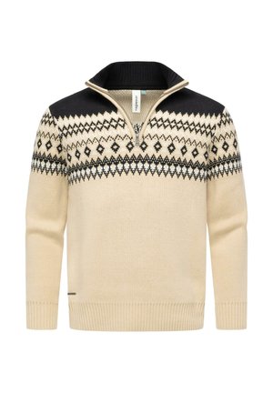 Beige knit sweater with a black collar and patterned yoke design featuring diamond and stripe motifs in black and white. Zippered neckline.