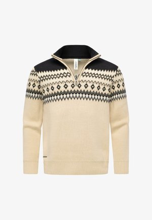 Beige Strickpullover mit schwarzem Kragen und einem gemusterten Einsatzdesign, das Diamant- und Streifenmotive in Schwarz und Weiß zeigt. Mit Reißverschluss am Hals.