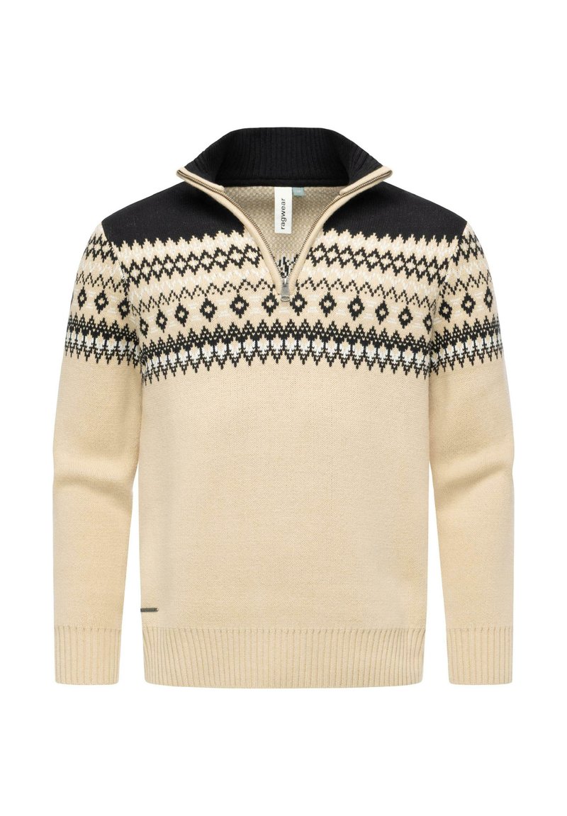 Beige Strickpullover mit schwarzem Kragen und einem gemusterten Einsatzdesign, das Diamant- und Streifenmotive in Schwarz und Weiß zeigt. Mit Reißverschluss am Hals.