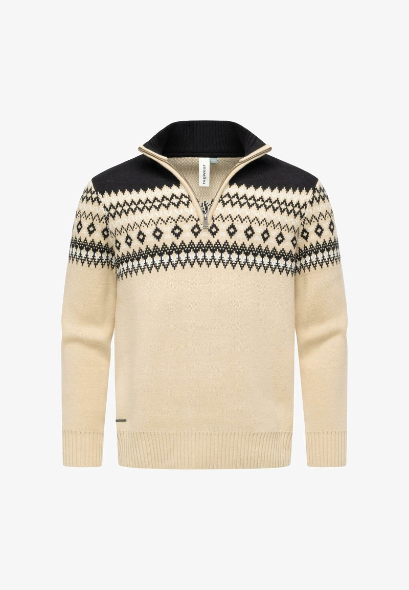 Beige Strickpullover mit schwarzem Kragen und einem gemusterten Einsatzdesign, das Diamant- und Streifenmotive in Schwarz und Weiß zeigt. Mit Reißverschluss am Hals.