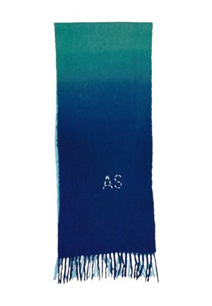 Longue écharpe dégradée du bleu au vert avec des bords effilochés et les initiales blanches brodées "AS" près d'une extrémité.