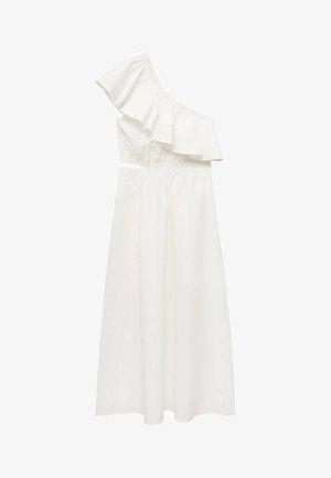White, one-shoulder dress with ruffle detail at the neckline, elastic waist, and full-length skirt. Smooth fabric with a flowing design.