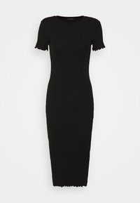 Svart ribbad stickad klänning med korta ärmar, rundad halsringning och vågiga kanter. Snäv passform som sträcker sig till mitt på vadderna.