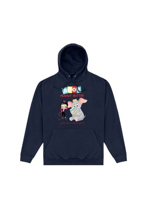 Granatowy hoodie z nadrukiem na przodzie przedstawiającym rysunkową kobietę i słonia z słoikiem masła orzechowego, z napisem "BOO! MASŁO ORZECHOWE."