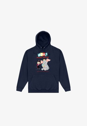 Marineblauer Kapuzenpullover mit einem Frontgrafik, die eine Cartoon-Frau und einen Elefanten mit einem Glas Erdnussbutter zeigt. Der Text lautet "BOO! ERDNUSSBUTTER."