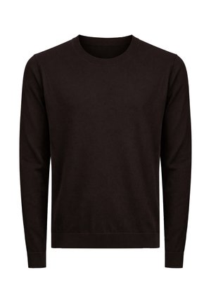 Maglione nero a maniche lunghe con scollo a girocollo, polsini e orlo a costine, realizzato in tessuto liscio, mostrato su sfondo bianco.