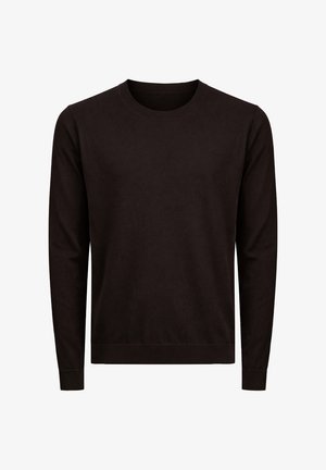 Maglione nero a maniche lunghe con scollo a girocollo, polsini e orlo a costine, realizzato in tessuto liscio, mostrato su sfondo bianco.