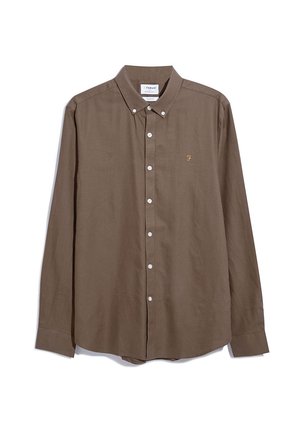 Bruine button-up shirt van lichtgewicht stof met lange mouwen, met een puntige kraag en een klein geborduurd logo in goud.
