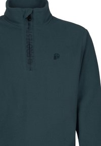 Pullover in felpa di un verde scuro con colletto alto, design a mezza zip e motivo testurizzato. Presenta un logo discreto sul petto.