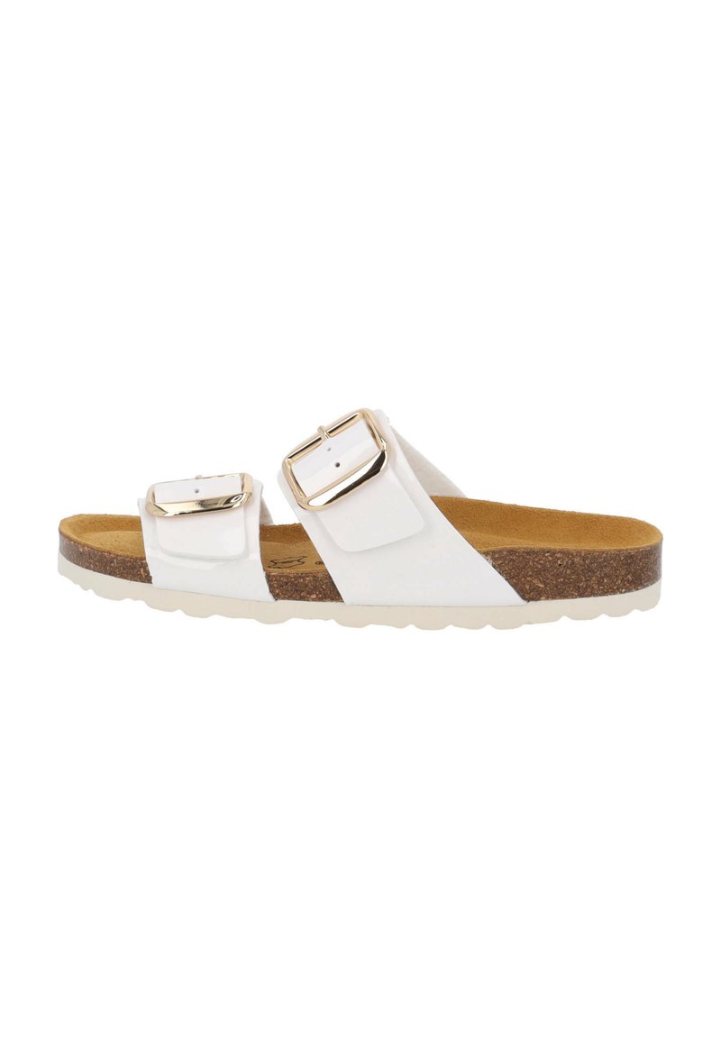 Witte sandalen met twee banden en gouden gespen, kurken voetbed en textuur met een witte buitenzool. De banden zijn glad en hebben verstelbare sluitingen.