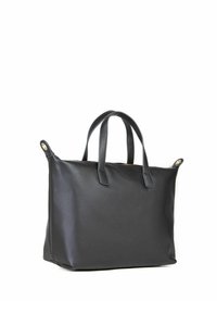 Sort læder tote bag med to top-håndtag, rektangulær form, glat tekstur og en guldfarvet lynlåsskrue på den ene side.