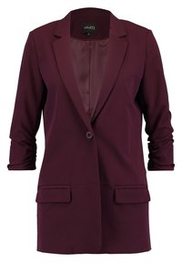 Bordeaux blazer met een enkele knoopsluiting, notch-kraag, twee voorkruimelpockets en opgerolde mouwen van drie kwart. Glad textuur van de stof.