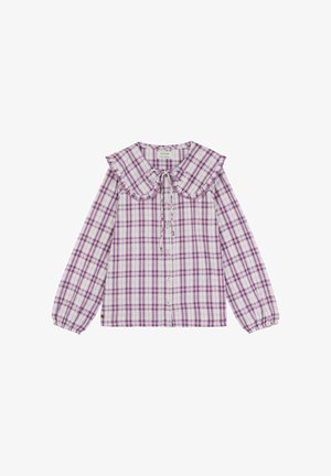 Camisa de manga larga a cuadros morados con cuello fruncido y detalle de lazo. Incluye cierres de botones y puños elásticos. Tela de algodón.