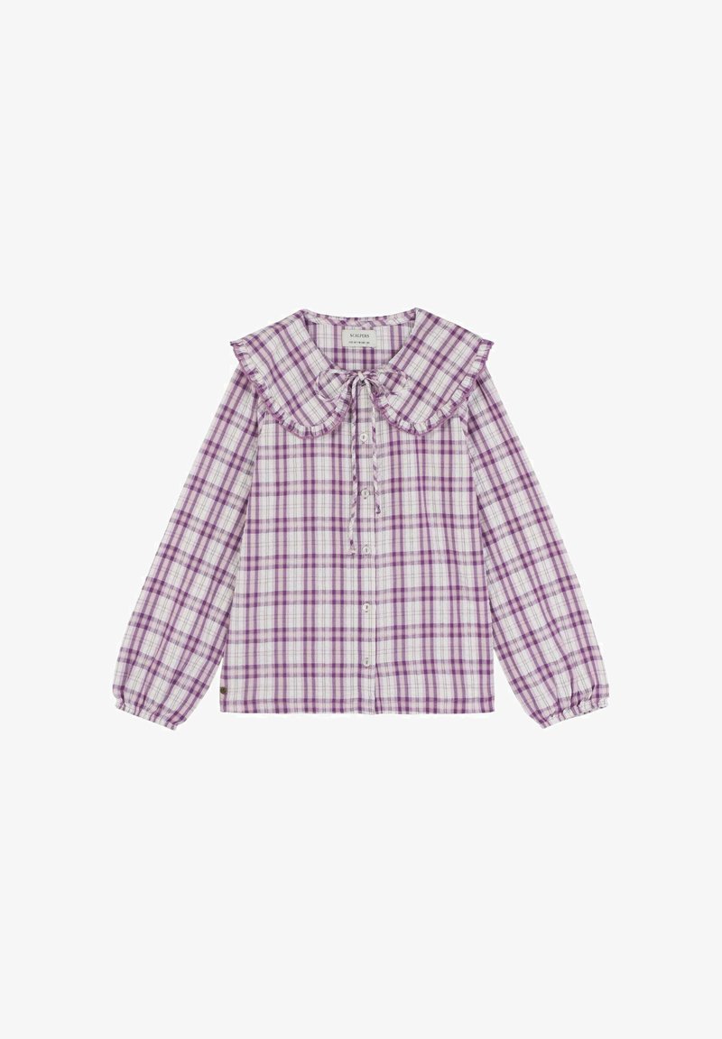 Camisa de manga larga a cuadros morados con cuello fruncido y detalle de lazo. Incluye cierres de botones y puños elásticos. Tela de algodón.