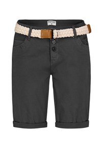 Dark gray shorts made of cotton, featuring a braided cream belt with a brown leather accent, rolled cuffs, and two front pockets.