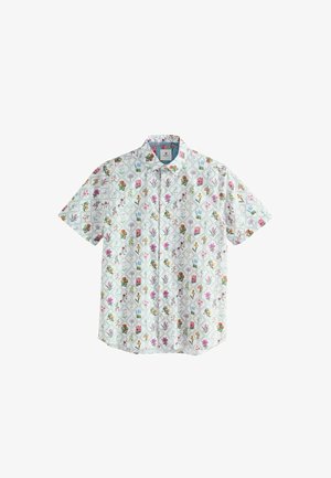 Korte mouwen overhemd van lichte stof, met een bloemenpatroon in verschillende kleuren op een witte achtergrond, met knoopsluiting.