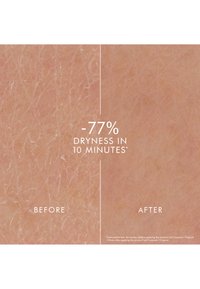 Confronto della pelle prima e dopo che mostra una superficie testurizzata di colore rosa chiaro, evidenziando una riduzione della secchezza del 77% dopo 10 minuti.