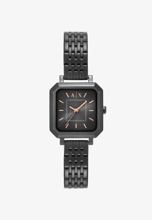 Orologio quadrato in metallo nero con indici e lancette in oro rosa, cinturino a maglie e logo A|X a ore 12.