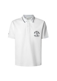 Balta polo krekls iz kokvilnas ar apkakli, ar tumši zilu joslu akcentiem, izšūtu logotipu un īsām piedurknēm.