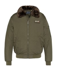 Olivgrüne Bomberjacke mit braunem Fellkragen, Frontreißverschluss, seitlichen Taschen, Ärmeltasche mit Reißverschluss und Schott-Patch auf der Brust.