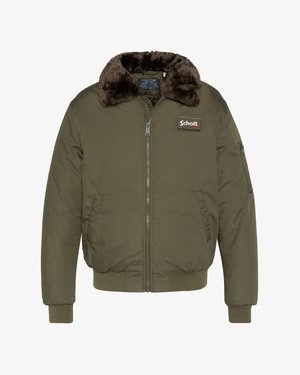 Olivenfarvet bomberjakke med brun pelskrave, frontlynt, sidelommer, lynlås-lomme på ærmet og Schott-patch på brystet.