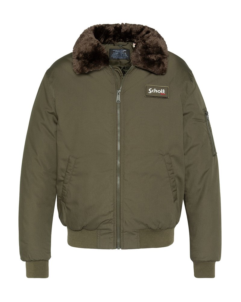 Olivgrüne Bomberjacke mit braunem Fellkragen, Frontreißverschluss, seitlichen Taschen, Ärmeltasche mit Reißverschluss und Schott-Patch auf der Brust.