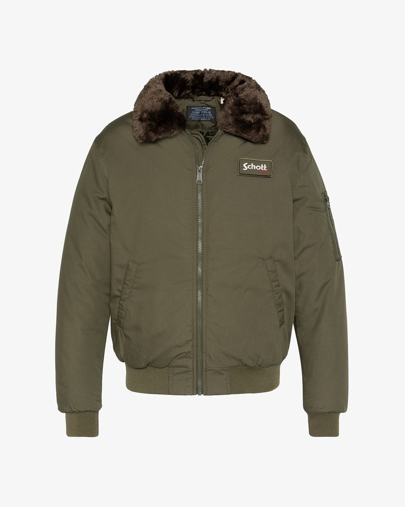 Olivgrüne Bomberjacke mit braunem Fellkragen, Frontreißverschluss, seitlichen Taschen, Ärmeltasche mit Reißverschluss und Schott-Patch auf der Brust.