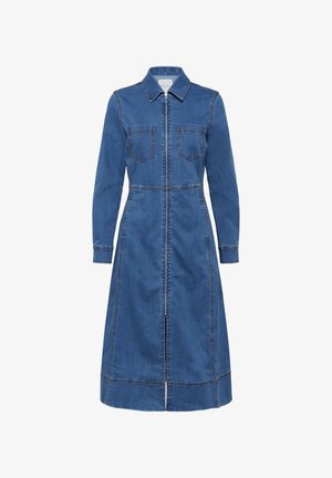 Robe en denim à manches longues, col, fermeture éclair centrale et deux poches poitrine. Présente des coutures apparentes et un ourlet midi.