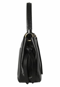 Borsa a tracolla nera in pelle con finitura texture, tracolla intrecciata e dettagli in hardware dorato. La vista laterale mostra una forma morbida e arrotondata.