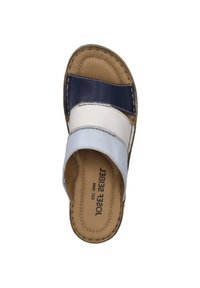 Slide sandal with three horizontal bands in navy, white, and light blue leather. Textured insole and stitching detail along the edges.