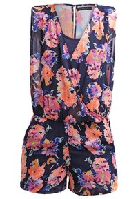 Combinaison sans manches bleu marine avec motif floral rose, orange et violet, col en V et taille élastiquée, en tissu léger et transparent.